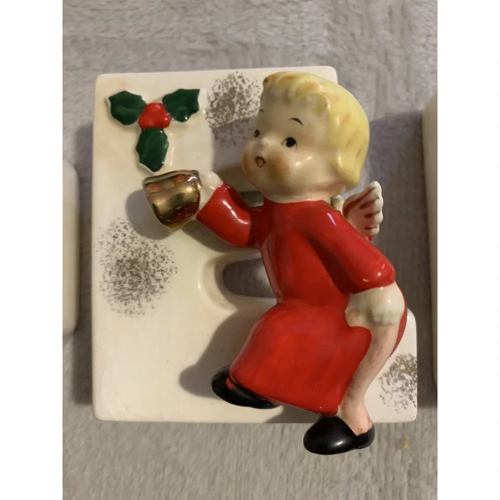 4 Napco NOEL Christmas Angel Candle Holder Wall Pocket Figurines 1956 Japan VTG